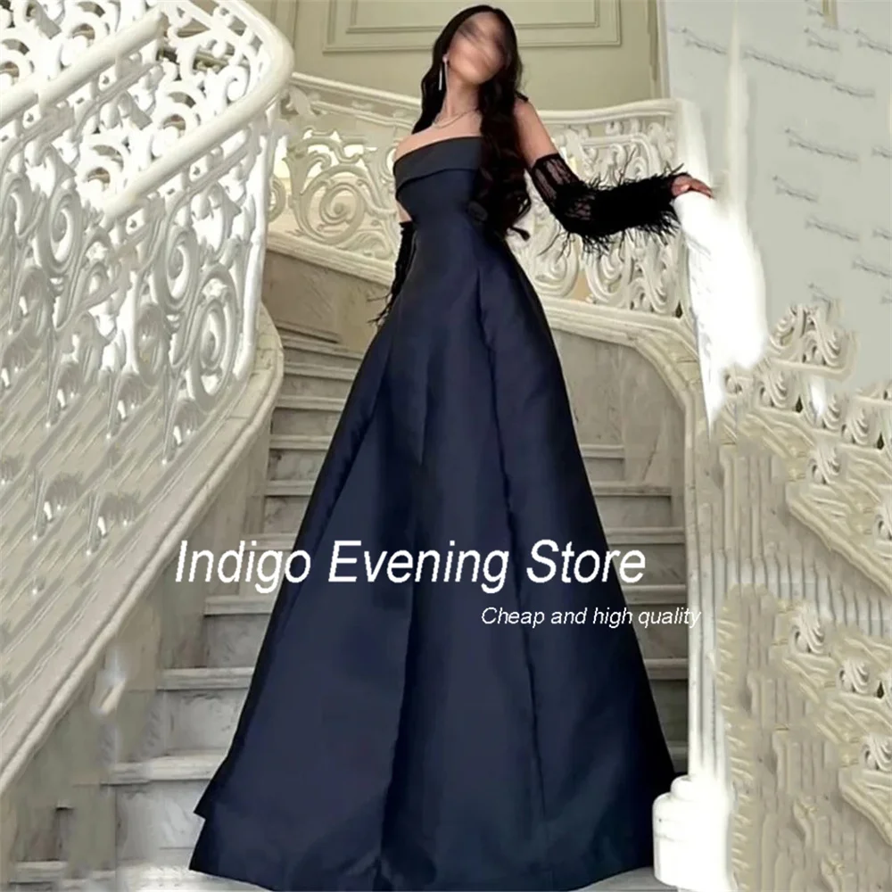 Indigo Prom Jurken A-Line Lange Mouw Veer Strapless Satijn Open Rug Vloer-Lengte Elegante Avondjurk Voor Vrouwen فساتين الس