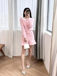 New 2024 High Quality Soft Glutinous Age Reducing Girl Pink Suit Cardigan and Short Skirt Slim Fit Sweet Elegant Design Trendy P