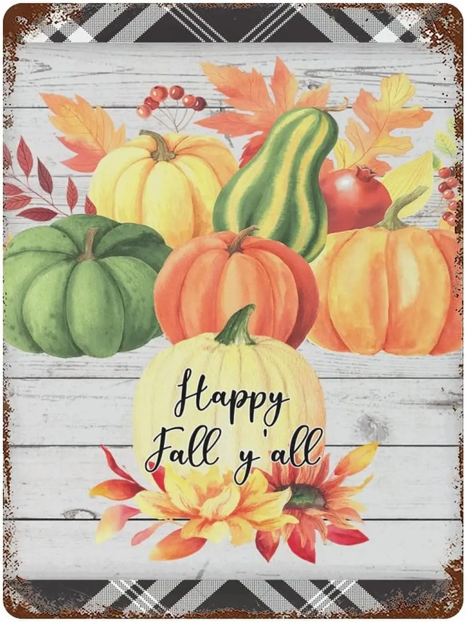 Happy Fall Y;all Buffalo Check Metal Sign Autumn Pumpkin Thanksgiving Day Wall Decor Vintage Signs B