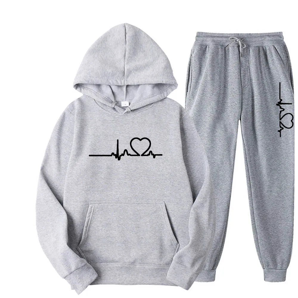 Men And Women Plus Fleece Hoodie Set Autumn And Winter Men\'s Heart Figure Hoodie Trend Casual Men\'s Printed Jogging Suit