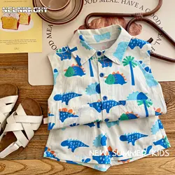 2023 Kids Baby Fashion 2-Piece Summer Beach Clothes Set for Toddler Children Boys: Sleeveless Print Top Shirt+Shorts