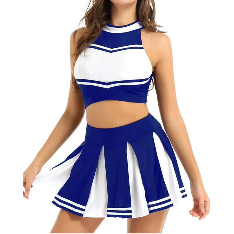 Women Cheerleading Costume Uniform School Girls Carnival Cosplay Outfit Stand Collar Sleeveless Crop Top with Mini Pleated Skirt