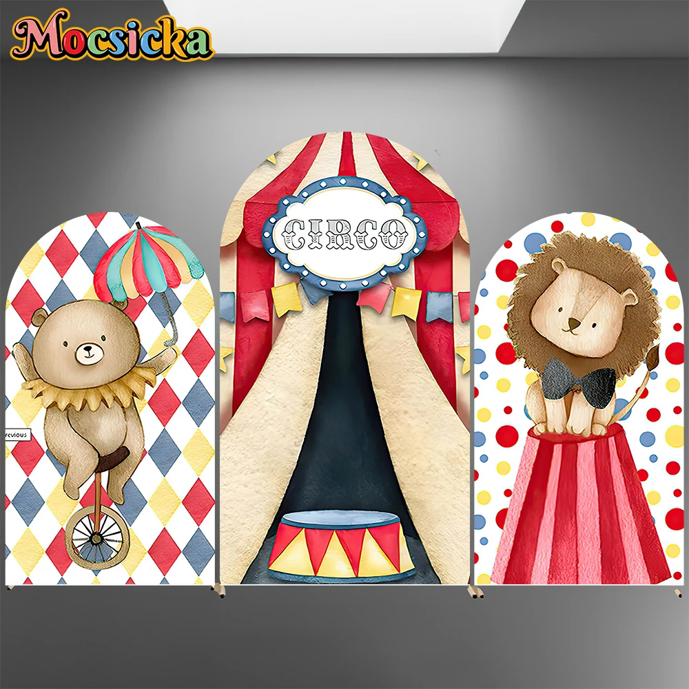 

Mocsicka Circus Arch Backdrop Cover Elastic Double-Faced Birthday Arched Background Joker Lion Bear Party Decor Photography Prop