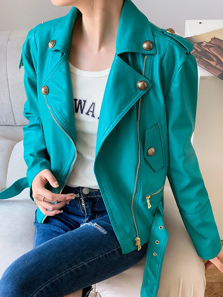 Spring Autumn Short Loose Cool Stylish Green Black White Faux Leather Biker Jacket Women Zipper Belt Long Sleeve 2023