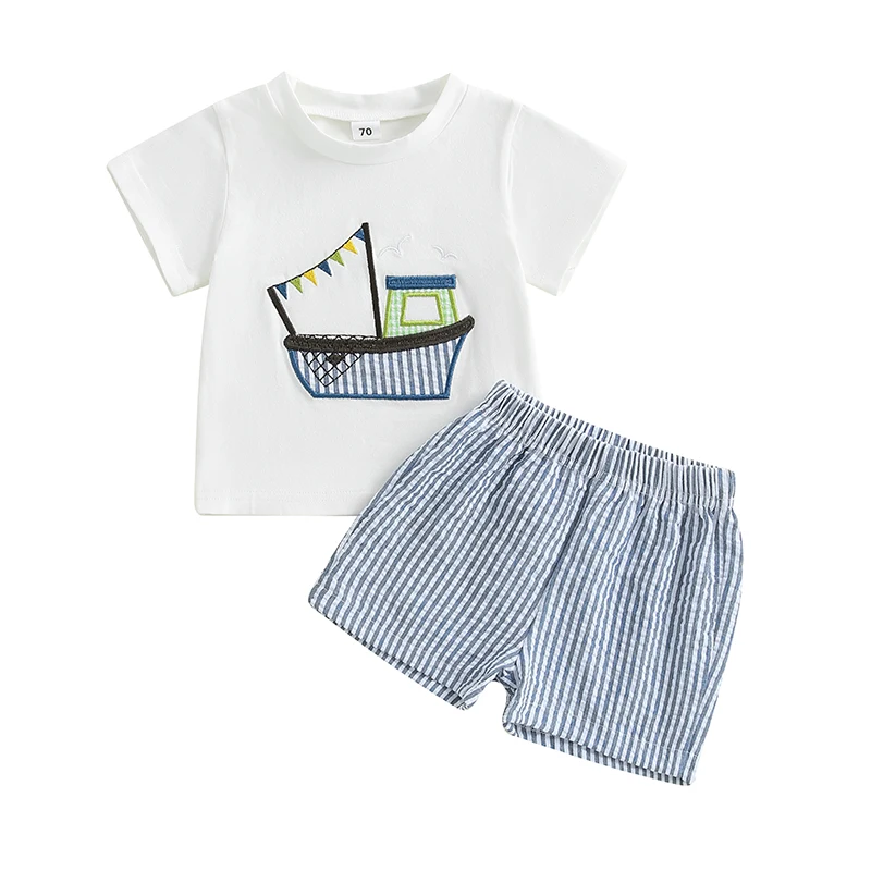 Baby Toddler Boy Shorts Set Boat Embroidery Short Sleeve T-shirt Striped Elastic Waist Shorts 2 Piece Summer Outfit