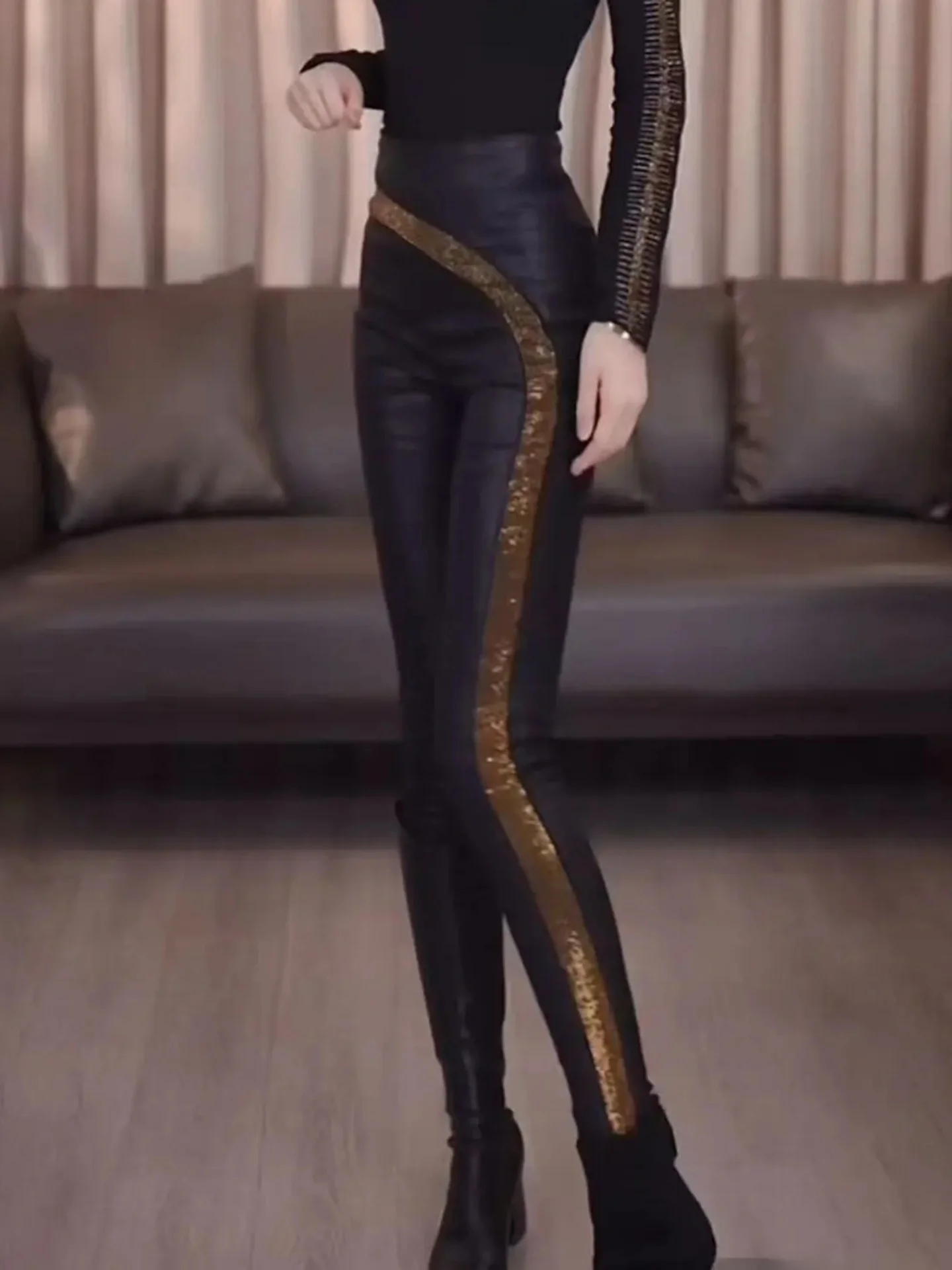 

Asymmetric iny Diamond Fce-Lined Slimming Women's Capri Pants High Waist Bootcut Trousers Winter New Sle