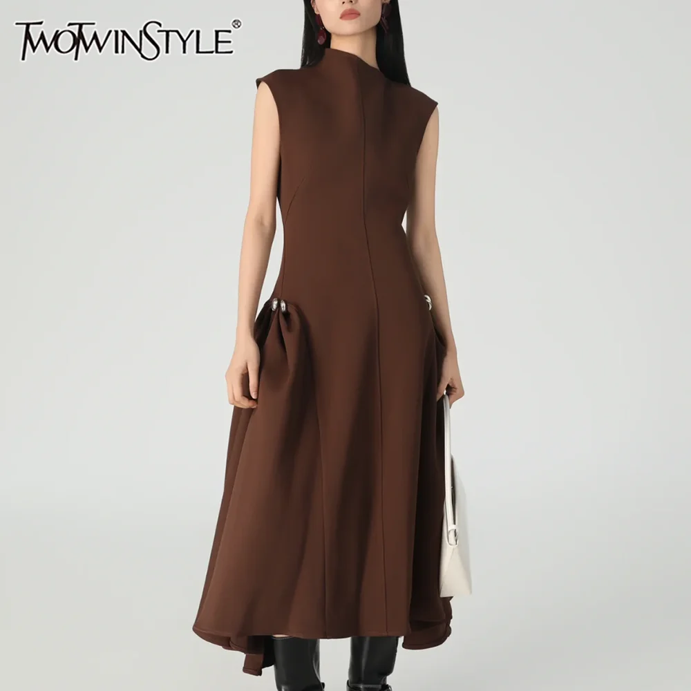 

TWOTWINSTYLE Solid Minimalist Slimming Dresses for Women O Neck Sleeveless High Waist Temperament Dress Female