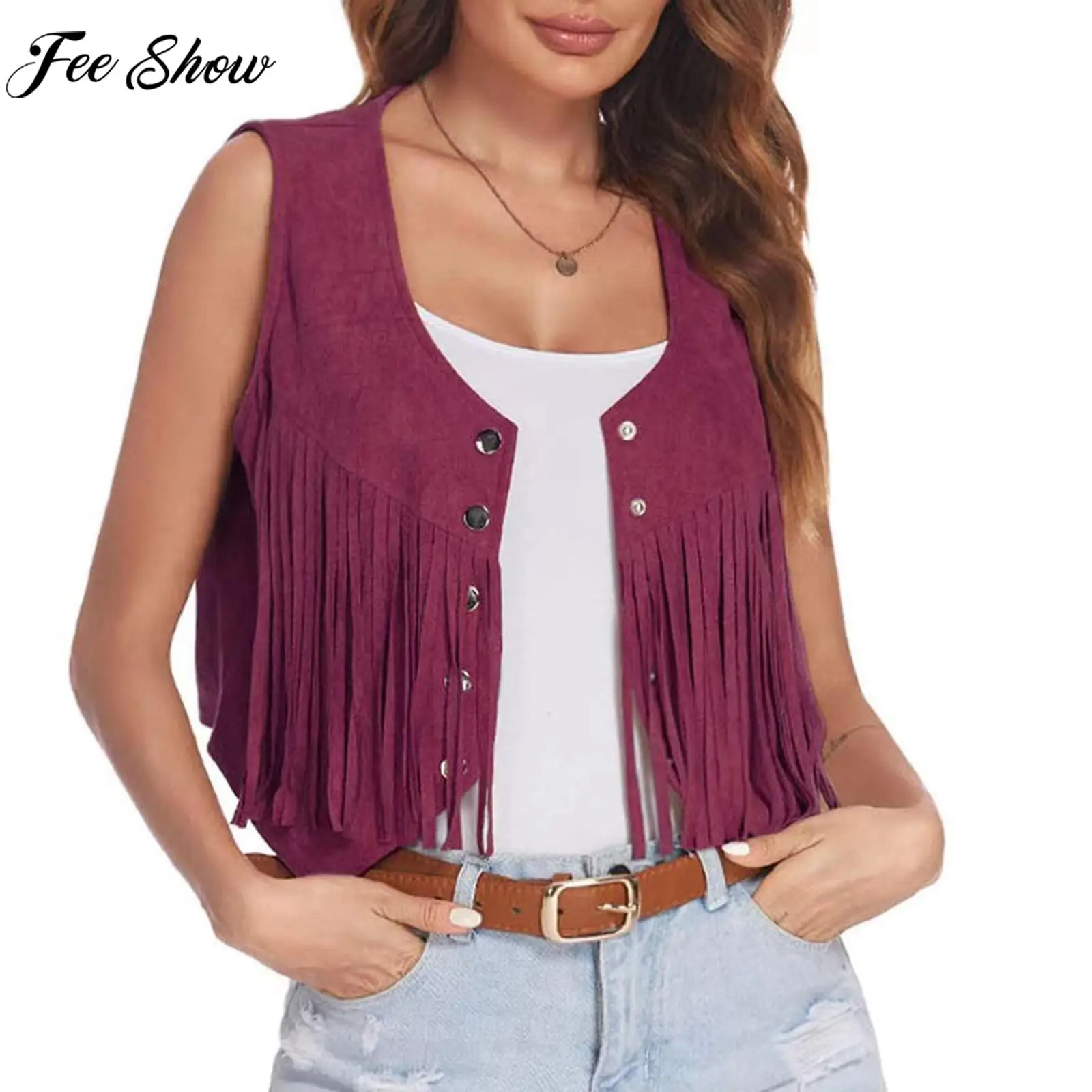 Womens Vintage Faux Suede Tassel Vest Halloween Theme Party West Cowboy Cosplay Costume Rock Concert Nightclub Jacket Waistcoat