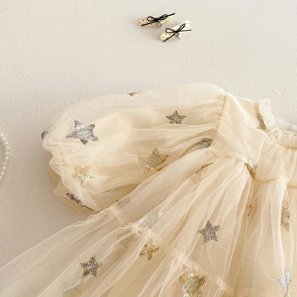 0-5 Jahre Koreanisches Mädchenkleid, Modisches Pailletten-Sternen-Mesh-Kleid mit Laternenärmeln für Kinder, Prinzessinnenkleid 2026, Herbst-Kinderkleidung – Detail 11