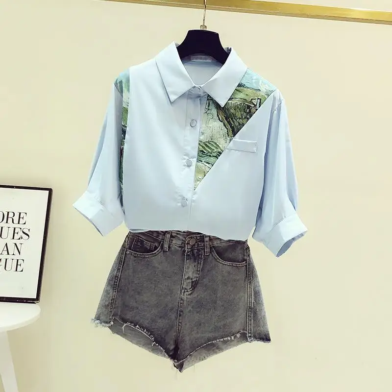 Women Button Blue Blouses 2022 Spring Summer Vintage Printing Patchwork Casual Turn-down Collar Loose Half Sleeve Chiffon Shirt