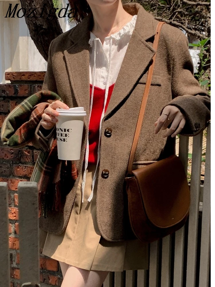 

Autumn Winter Chic Loose Blazer Jacket Women Tweed Retro Ladies Tops Trendy Woolen Coat Casual Busin Lady Suit Coat