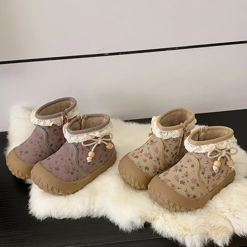 

Girls Cute Printed Snow Boots Winter Warm Faux Fur Lined Leather Booties Non-Slip Waterproof Toddler First Walkers Shoes