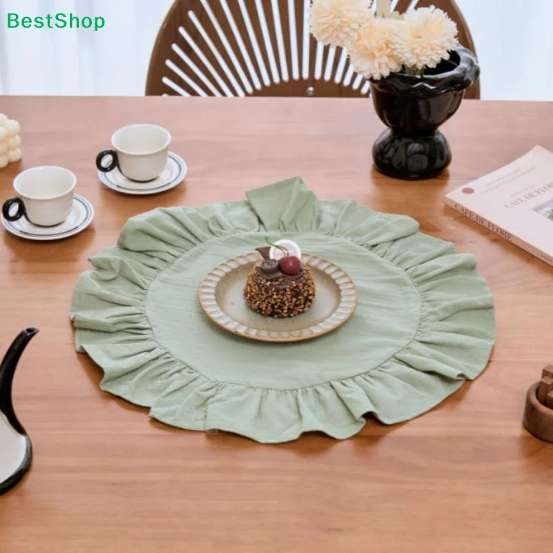 ✍Round Ruffled Cotton Linen Placemats, Wrinkled Edge Table Mats for Dining Table & Home Decor (Multi-Color)
