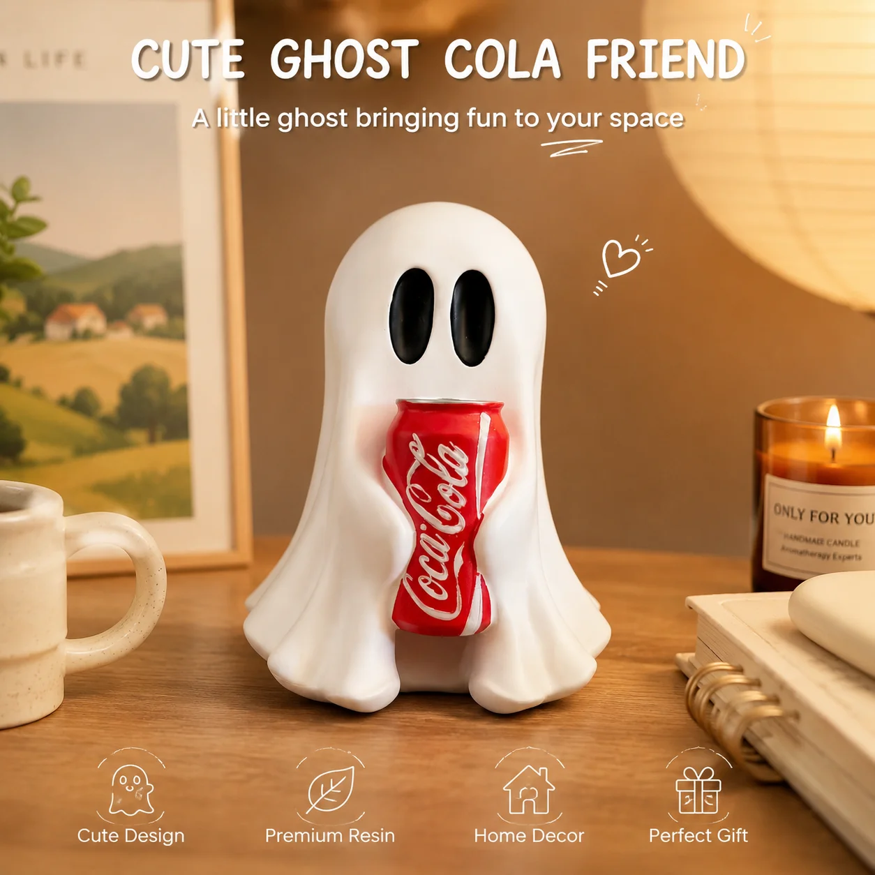 Niedliche Geister-Harzfigur mit Cola-Dose, Lustige Halloween-Dekoration, Kawaii-Geisterstatue, Heimdekoration, Schreibtisch-Ornament, Geschenk – Detail 4