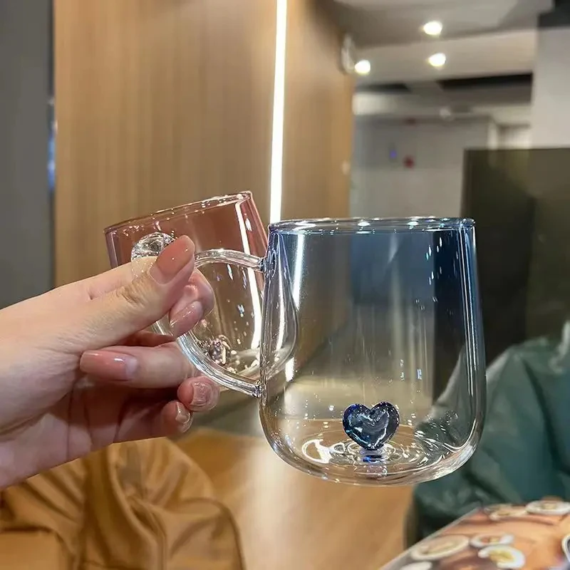 

Gradient Color Heat-resistant Heart-shaped Bottom Glass Water Cup High Value Transparent With Handle Mug Couple Water Cup