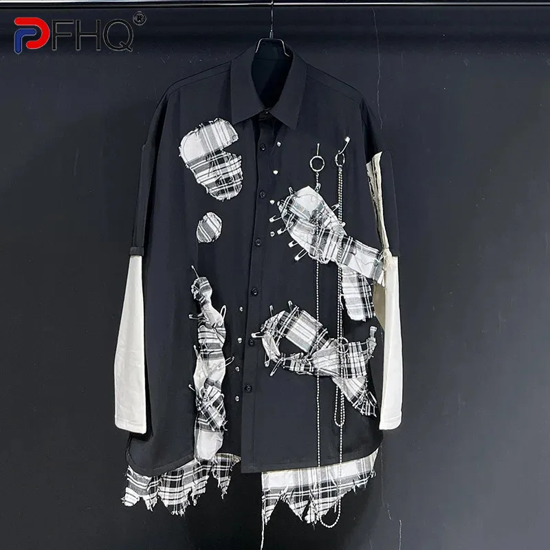 PFHQ Shirt Men Long Sleeved Suitable Men\'s Fake 2-piece Patched Patchwork 2024 Contrast Color Turn-down Collar Tops 21Z6637