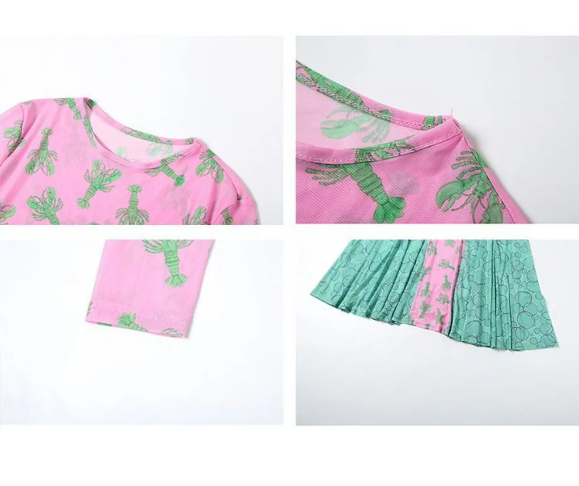 Jurk met kleurblokken, doorschijnende mesh en lange mouwen, patchworkprint, dagelijks gebruik, gedurfde, verfijnde westerse stijl, pneuma-mode