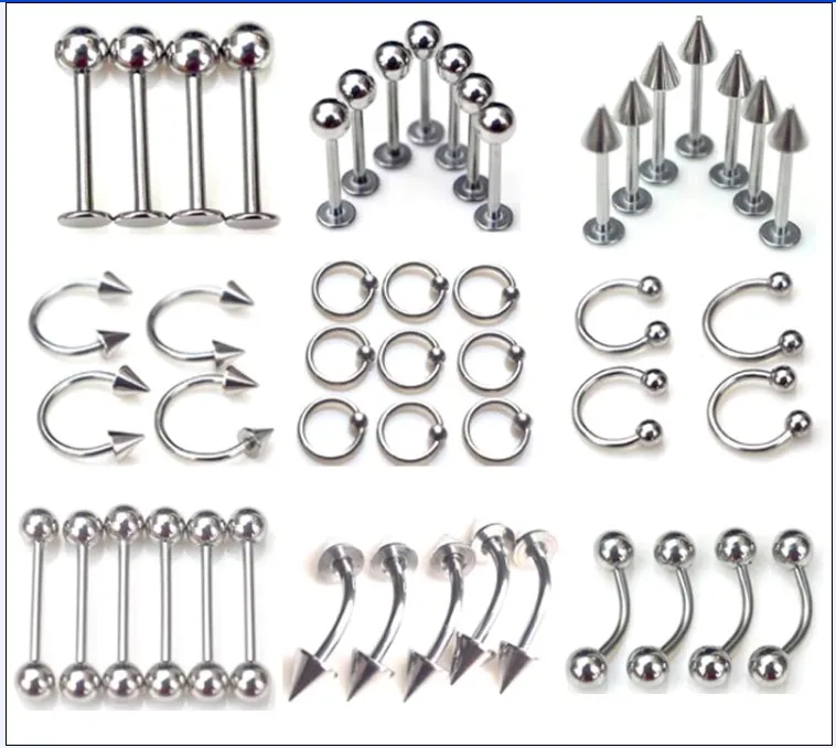 45 Pcs/Lot Stainless Steel Tongue Ear Rings Bars Barbell For Woman Man Unisex Body Piercing Jewelry Wholesale