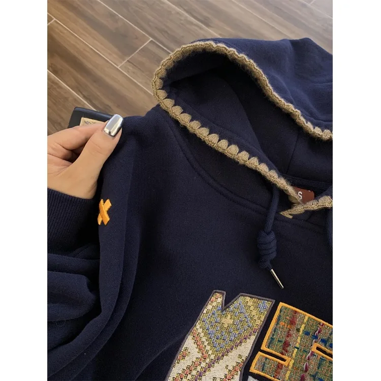 Korean Fashion Blue Fleece Thicken Baggy Pullover Pocket Letter Printing Sweatshirt Lazy Casual Raglan Sleeves Hoodie Autumn