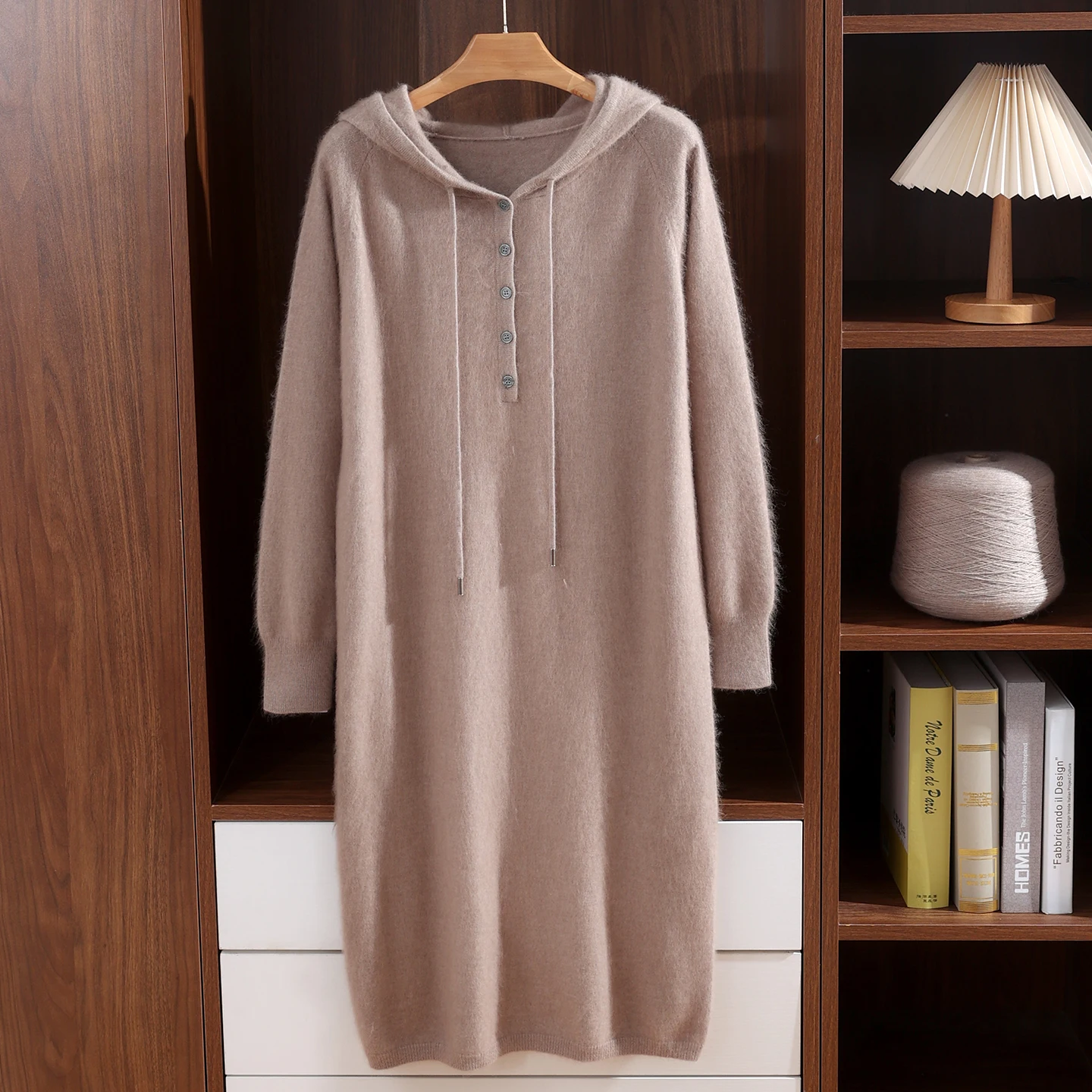 Hooded Woman Autumn Winter 100% Mink Cashmere Sweater Mock-Neck Pullover Drawstring Half Button Midi Length Oversized Dress Tops