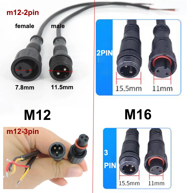 1pcs 2 Pin 3pin core wire DC Male Female power supply connector Jack nut IP65 Cable M12 M16 outdoor Waterproof Plug for CCTV