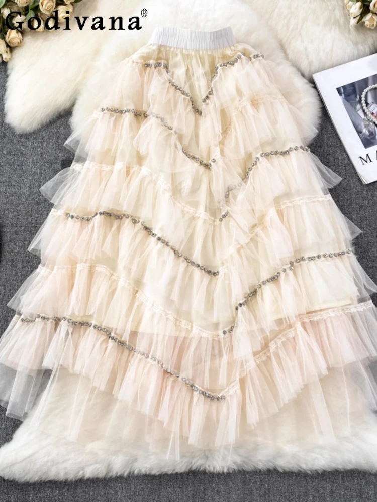 

2025 Summer New Elastic Waist A-line Diamond-encrusted Fairy Gauze Skirt Female Medium Long Irregular Versatile Cake Skirts