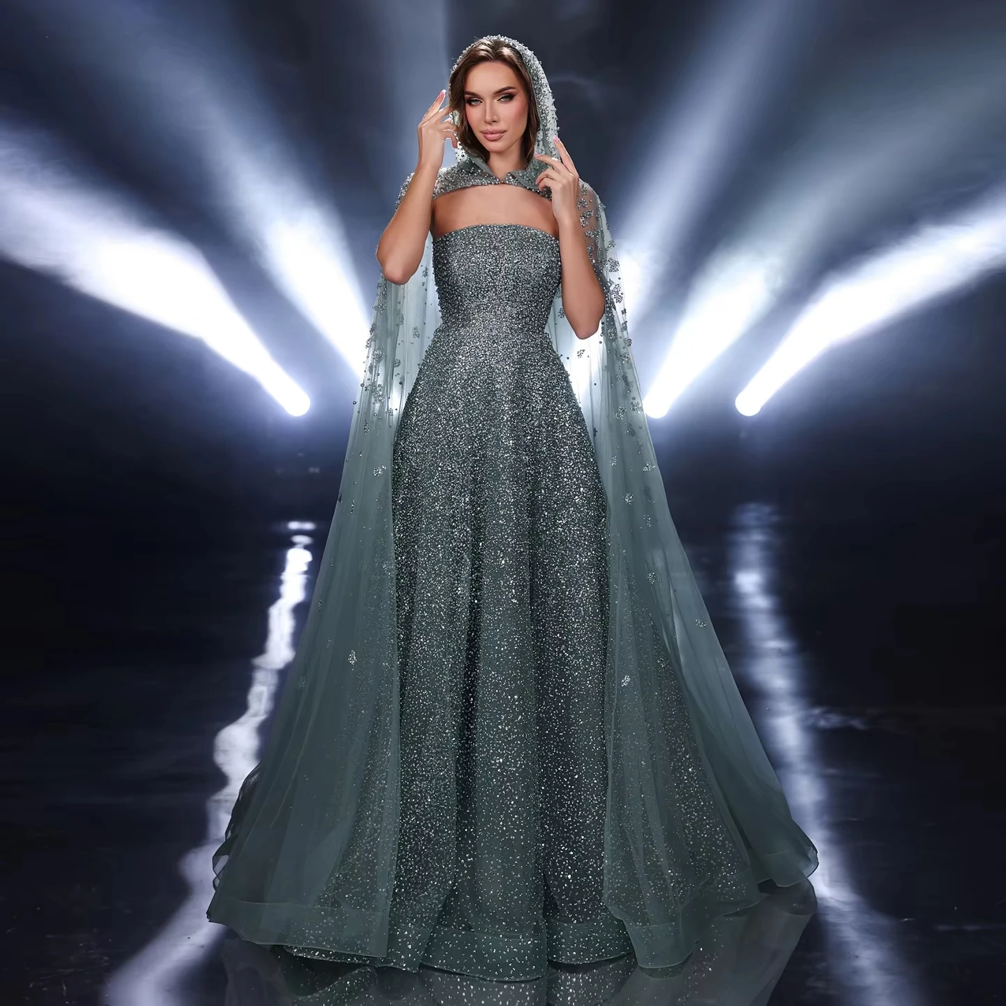 

Sparkly Crystal Turquoise Luxury Dubai Evening Dress with Hooded Cape Rose Gold Arabic Wedding Party Gowns LSZ198