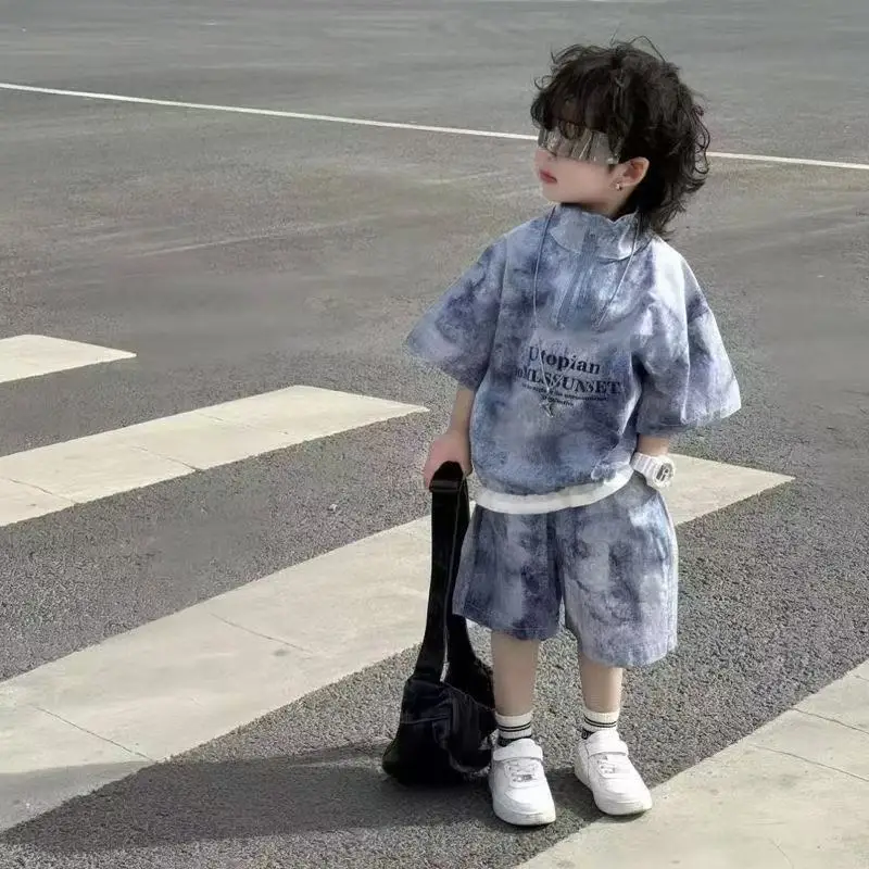 

80-140cm Boys Clothing Set Fashionable Summer New style Children's Tie Dye Short Sleeved Polo Shirt Shorts Two-piece Set