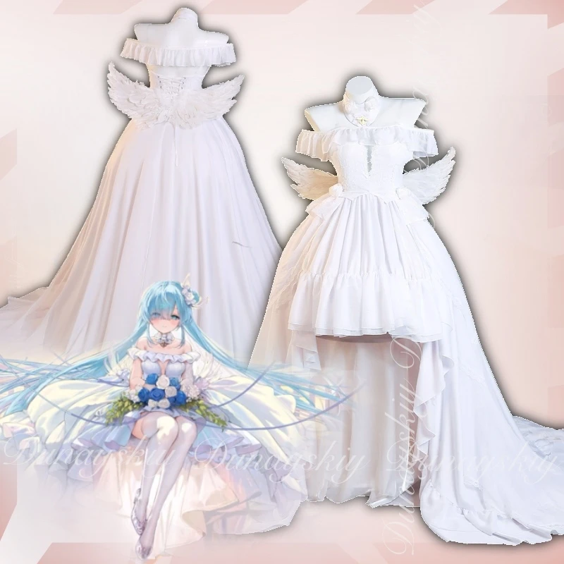 Azur Lane Game HMS Janus Cosplay J-level Destroyer With Blue Side Flower Bud Wig With White Long Dress Cosplay disfraz All Set