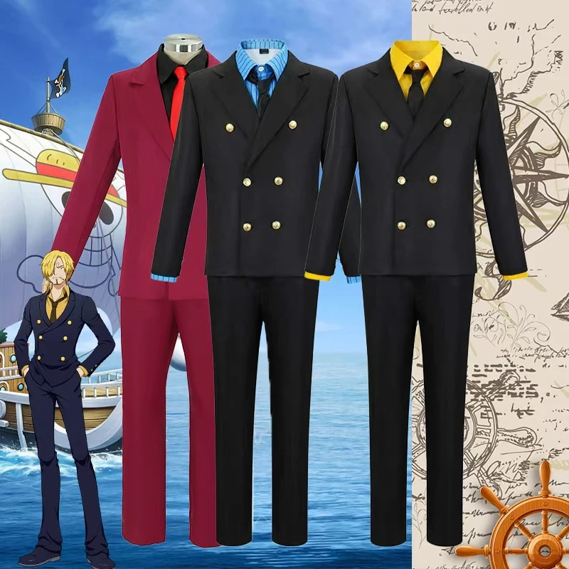 Anime Pirate Chef Cosplay Costume Blue Yellow Shirt Suit Uniform Full Set Halloween Party Role Play Outfit for Adult Men