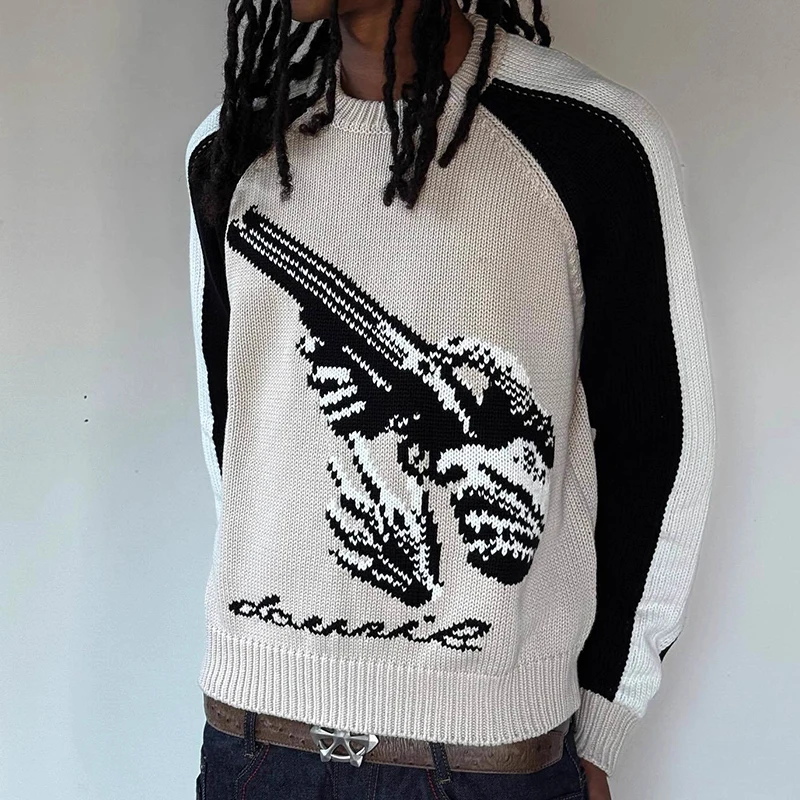 

Мужской и женский зимний вязаный свитер в стиле пэчворк, готический панк, топ с круглым вырезом, длинными рукавами, с капюшоном и принтом, свободный повседневный Y2K