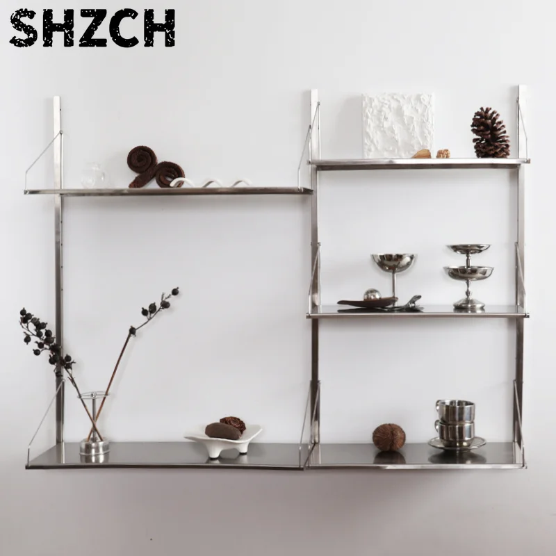 Minimalist Bookshelf Stainless Steel Shelves Wall Mounted Storage Rack System Open Bookcase with Track Brackets for Living Room