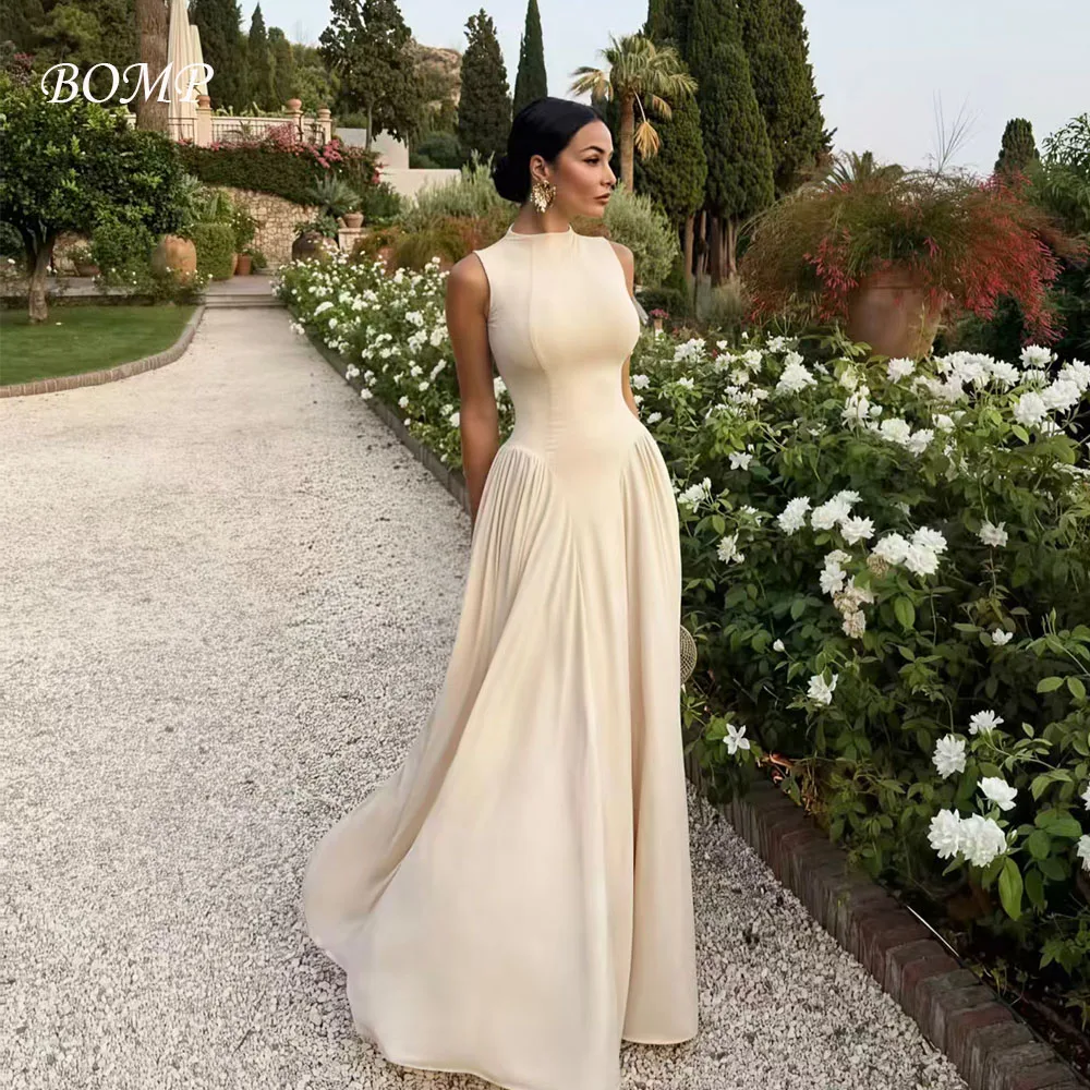 BOMP Elegante avondjurk O-hals Mouwloos Gedrapeerd A-lijn Vloerlengte Satijn Bruiloftsjurk Op maat gemaakte • Musta Juan 2017-