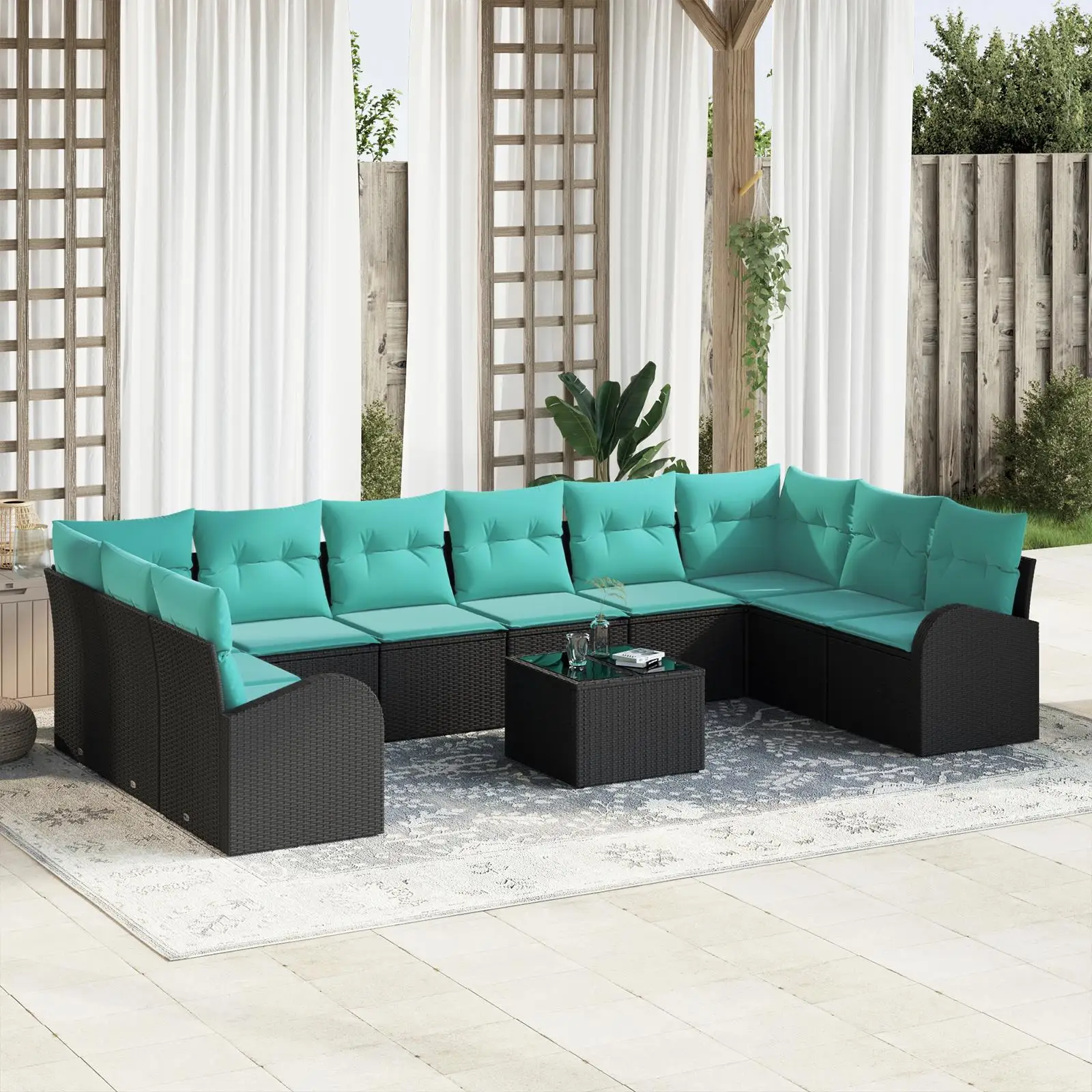 

Stylish 11 Piece Black Poly Rattan Garden Sofa Set with Cushions Outdoor Furniture