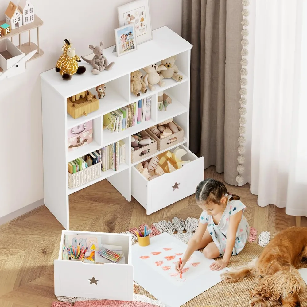 Organizer na zabawki, duży regał na książki dla dzieci i schowek na zabawki z 2 ruchomymi szufladami i 7 przegródkami, skrzynia na zabawki dla dziewczynek.