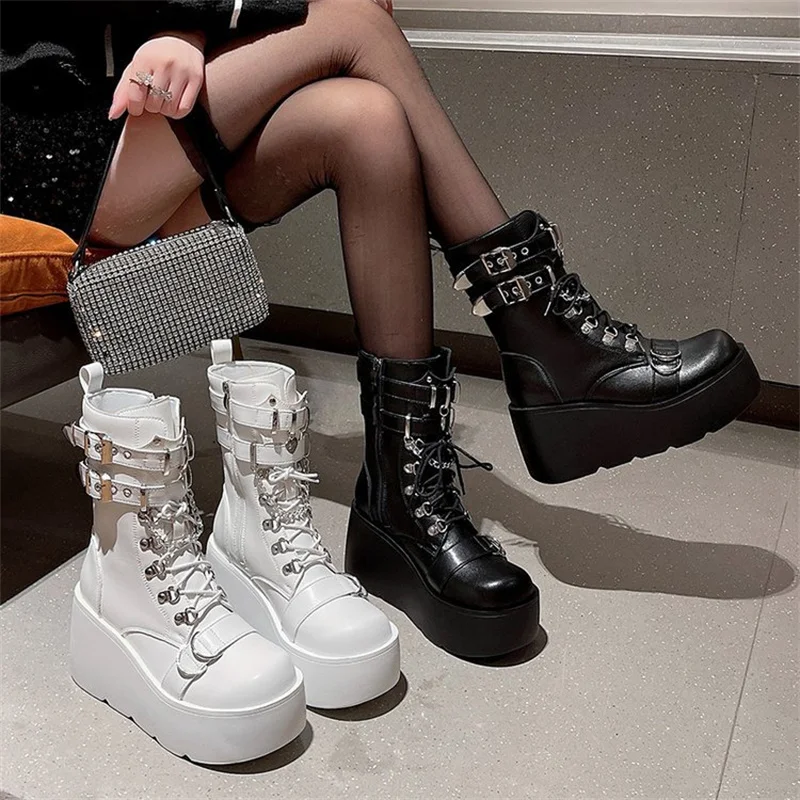 

Punk Boots Women Matte Leather Platform Chunky Sneakers Autumn 9CM Wedge Heels Mid-Calf Boot Woman Winter Metal Motorcycle Boots