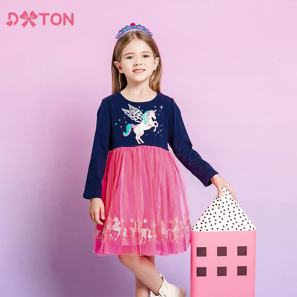 

DXTON Unicorn Kids Dresses Cartoon Printed Toddler Casual Dress For Girls Mesh Tulle Children Dress School Winter Wear Clothing