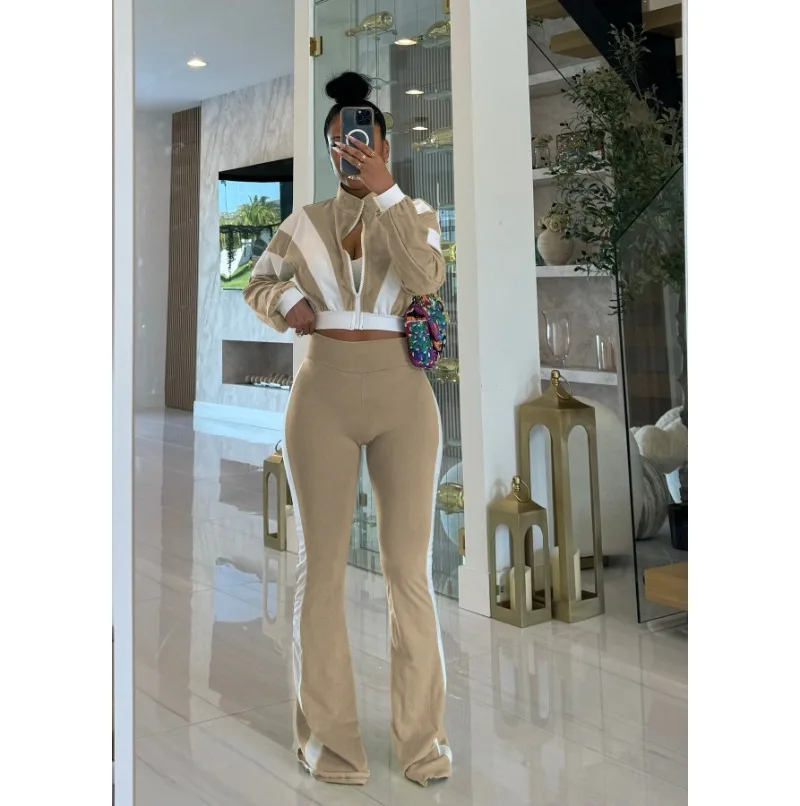 

Color Patchwork Tracksuits 2025 Autumn Women Casual 2 Piece Set Long Sleeve Zipper Jacket Crop Top + High Waist Flare Pants Suit