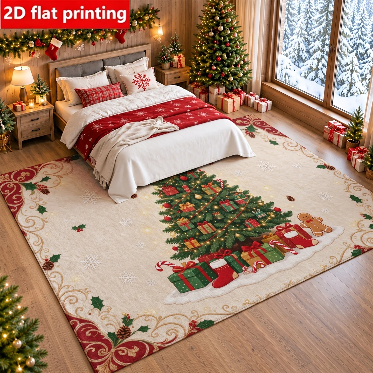 1pc 2D Flat Christmas Tree Gift Box Gingerbread Man Holly Pinecone Printed Floor Mat, Decorative Rug for Living Room, Bedroom