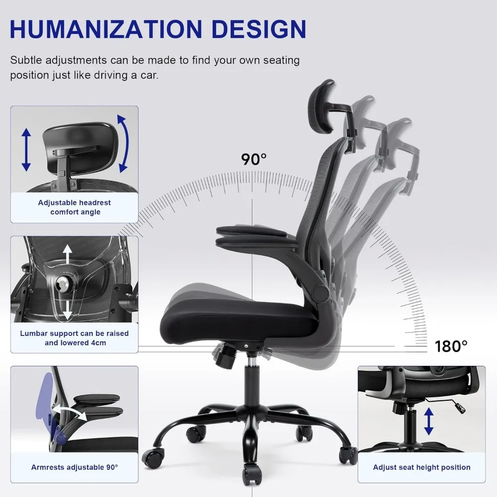 Ergonomic High-Back Mesh Office Chair with Lumbar Support, Adjustable Armrests, Swivel Desk Chair for Comfortable Computing