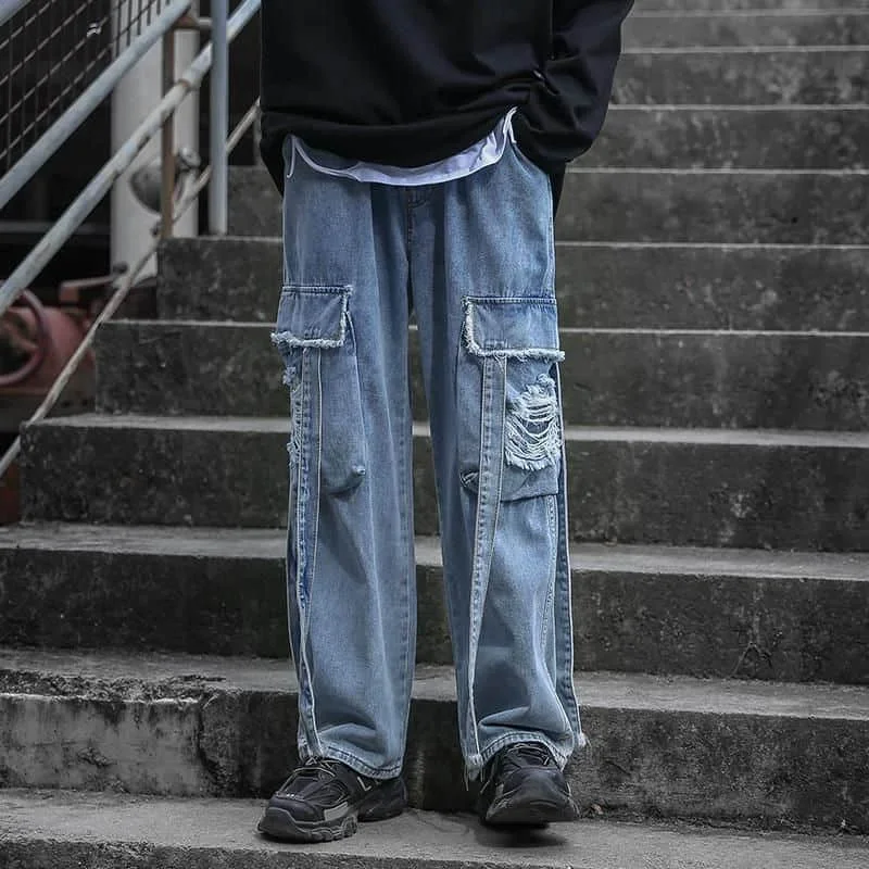 

Foufurieux Baggy Jeans Men Loose Straight Wide-leg Ribbon Pants Male High Street Retro Aesthetic Oversized Trousers Jeans Men