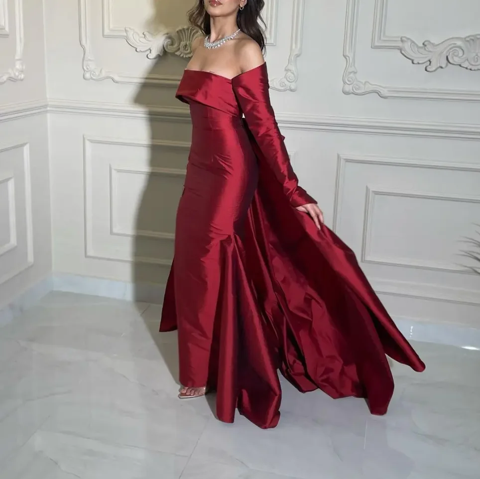 Vestidos De Fiesta Off Shoulder Red Taffeta Shiny Prom Dresses Long Sleeves Mermaid Bow Tail floor-Length Formal Party Gown