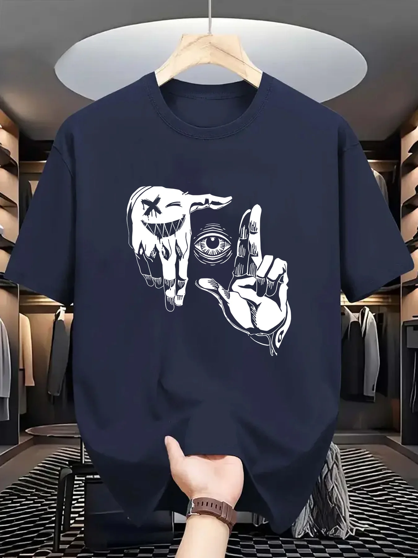 Summer men's 100% pure cotton casual loose plus size gesture eye personalized pattern printed round neck short sleeved T-shirt image 2