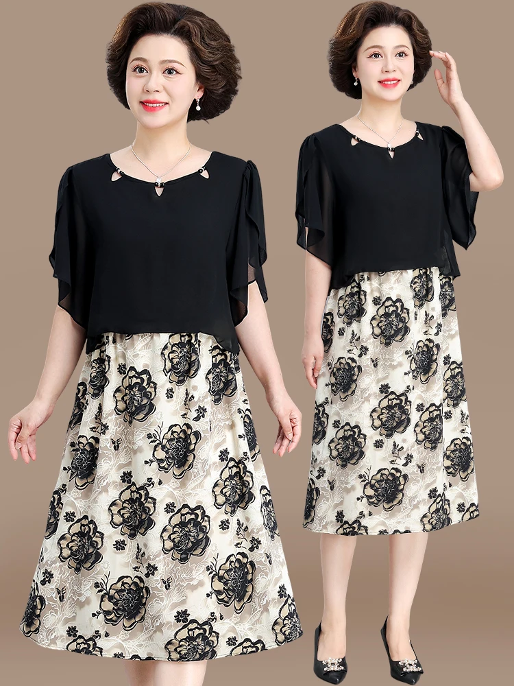 

Ele Mommy Summer Dr 2025 New Sle Mid-aged Women's Faionable Chiffon Long Dr Sli Hollow out Loose Fit round ...