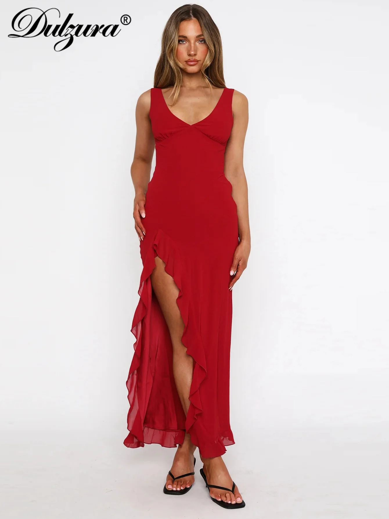 Dulzura Summer Fashion Sexy V-Neck Sleeveless Backless Slim Fit Side Slit Mesh Long Dress Ladies Solid Elegant Party Club Outfit
