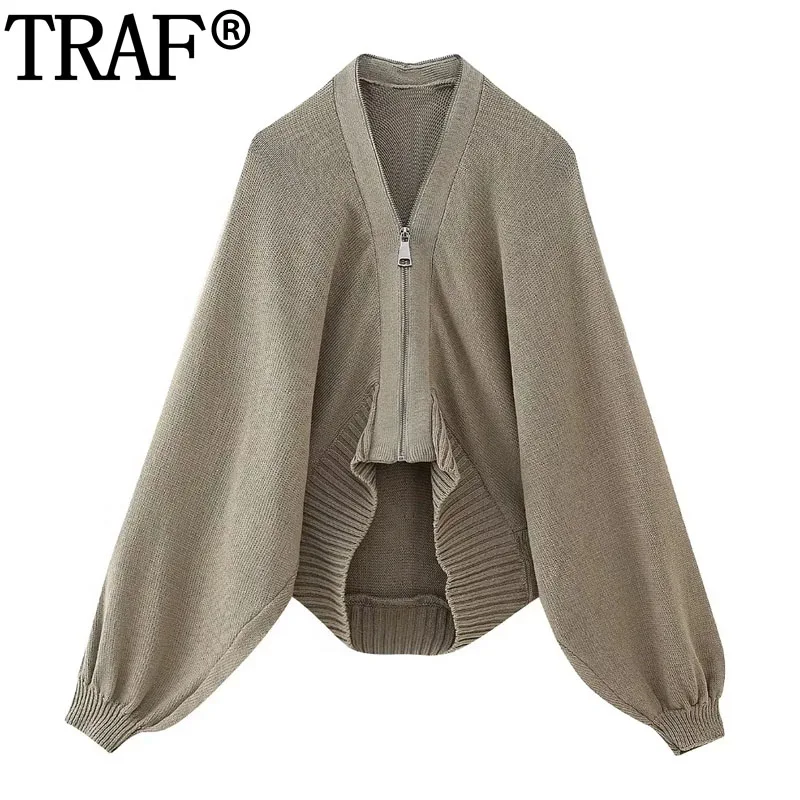 

TRAF Cropped Knitted Jacket Women Long Sleeve Ribbed Cardigans For Woman Zip-Up Knit Bomber Jacket Autumn Short Sweaters Coat