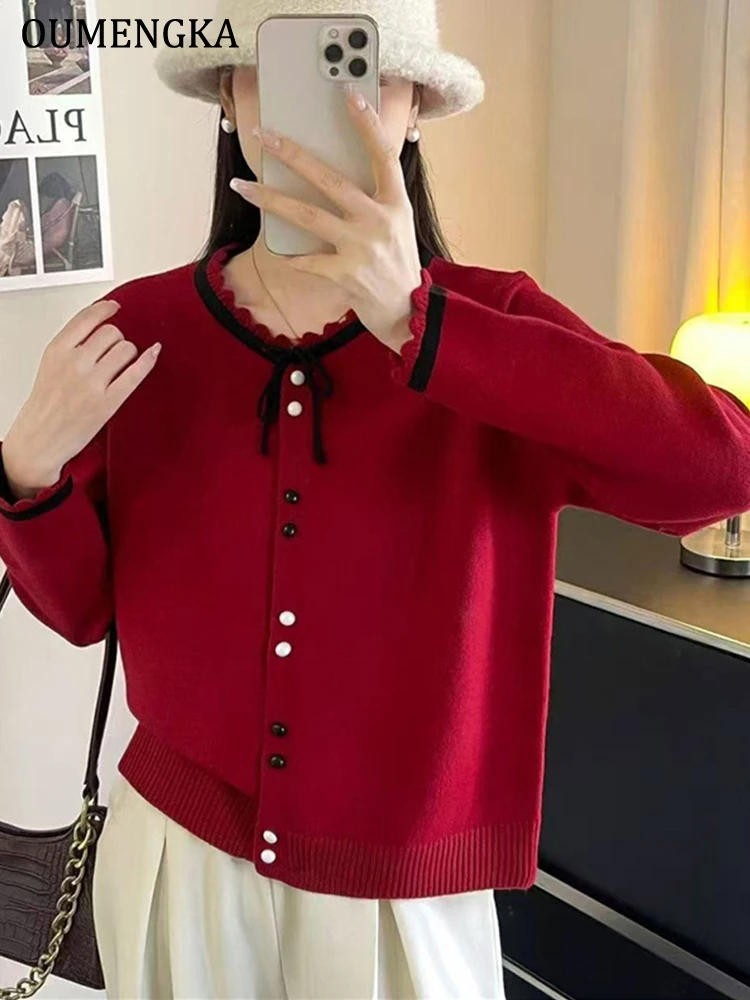 

Early Autumn New Andy Cashmere Knit Cardigan Crew with Bow Solid Color Fashion Comfortable Fit Casual Button Up Knitwear