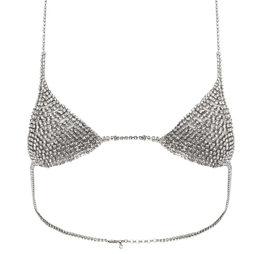 Stonefans Sexy Erotic Hollow Out Rave Lingerie Skirt Rhinestone Chest Necklace Women Shoulder Breast Summer Bra Accessories Gift