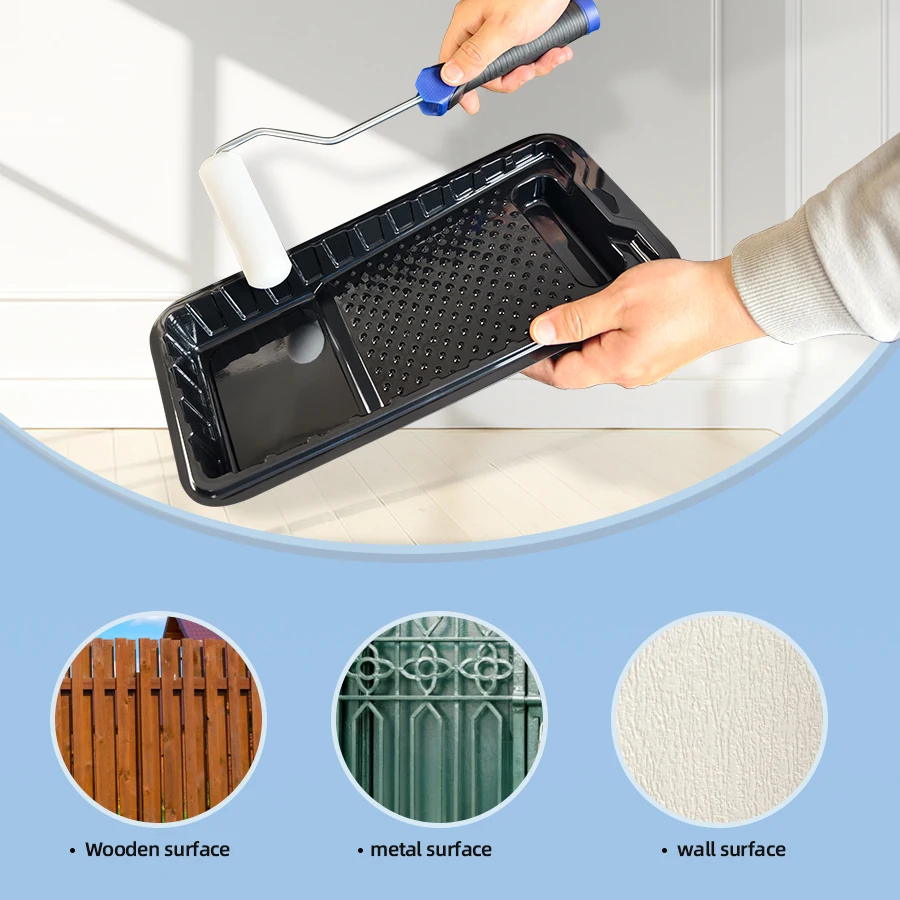 3-piece mini roller set includes 4" PET paint tray; 4" stick mini roller stand with 6mm shaft; 4" high-density roller foam