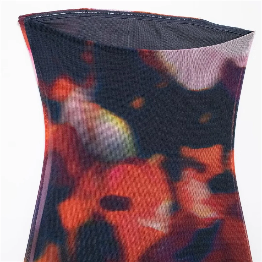 PB&ZA2024 Summer New Fashion Casual Women\'s Wear European and American Style Printed Silk Mesh Midi Bra Dress